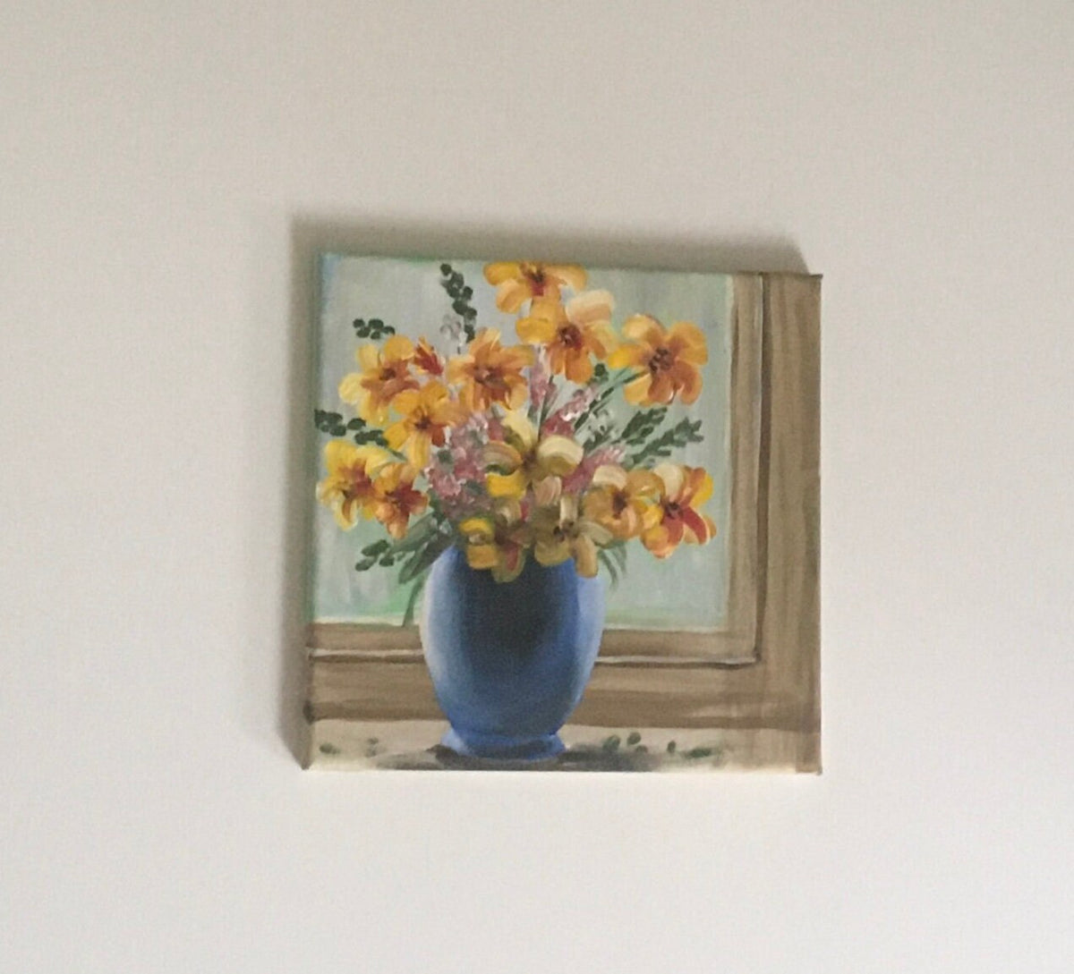 Original oil painting flowers in window art ready ooak wall hanging gift