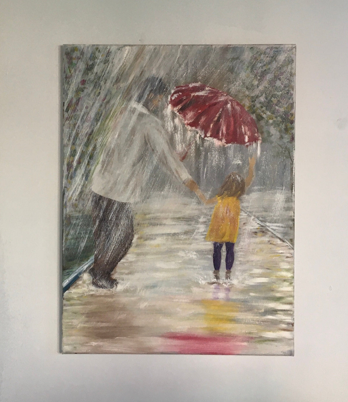 Original oil painting father daughter fainting child playing landscape art ready ooak wall hanging gift