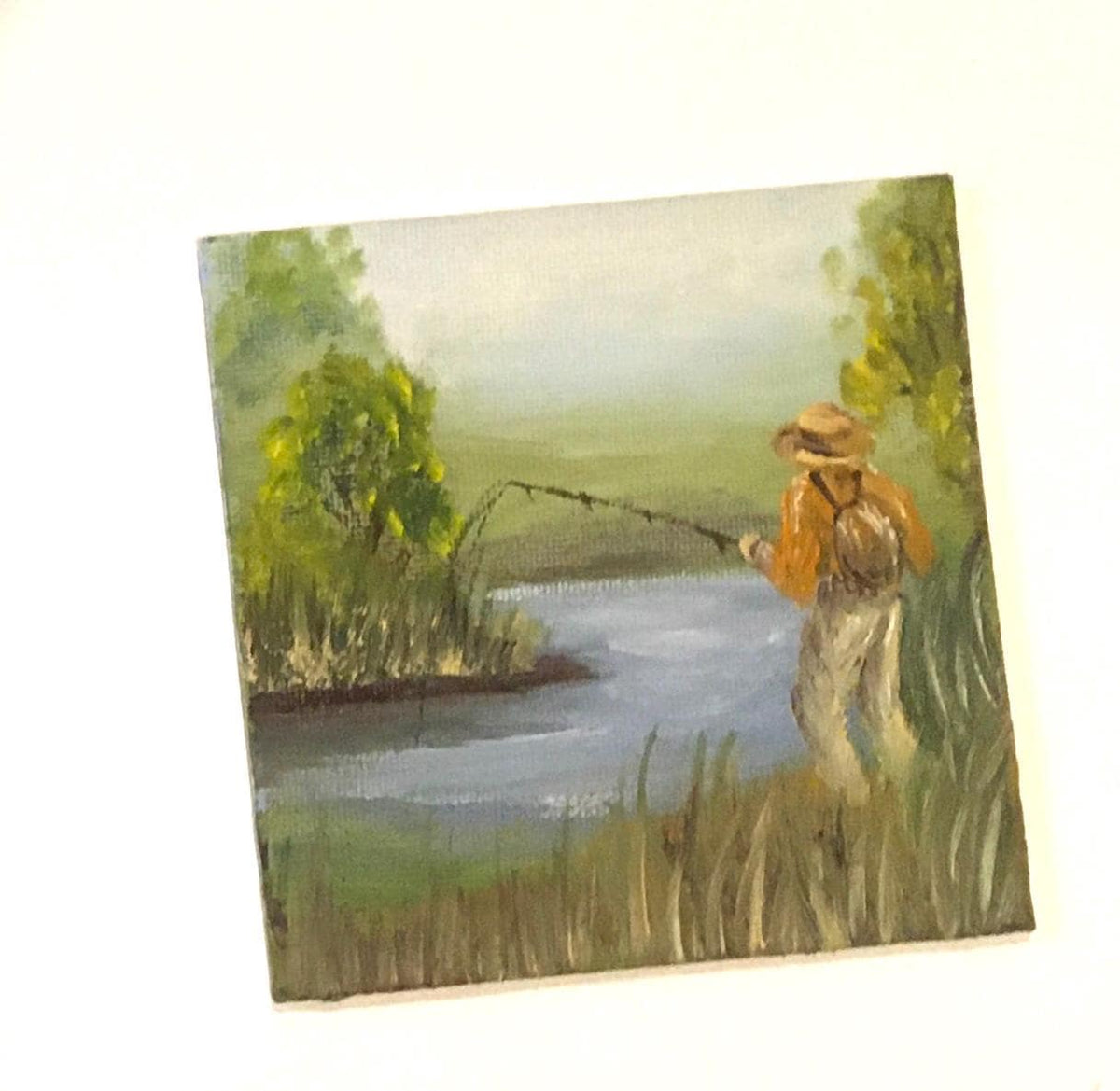 Man fishing Landscape Original oil painting art wall hanging or on desk
