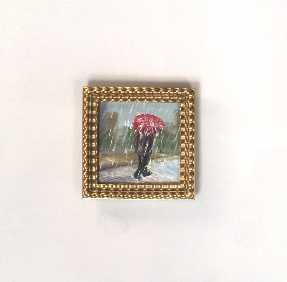 Walking holding umbrella in rain 4x4 inches Original oil painting art wall hanging or on desk