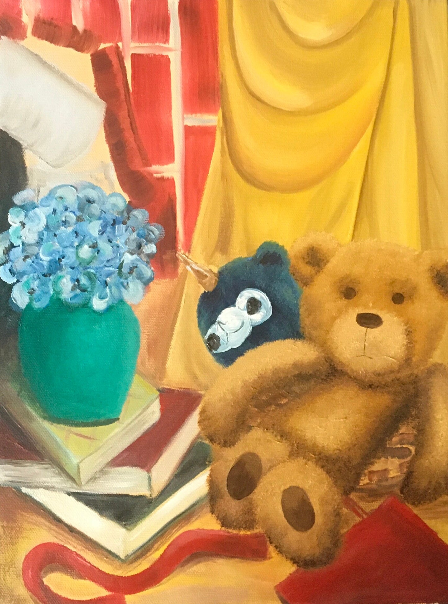 Original oil painting teddy bear child’s table toys still life nursery art ready ooak wall hanging