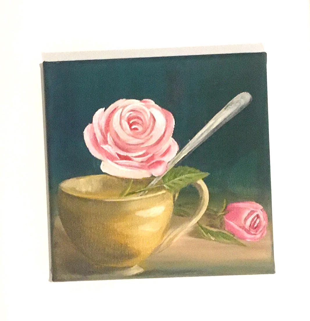Original oil painting 8x8 inches pink rose flower in a teacup art ready ooak wall hanging gift