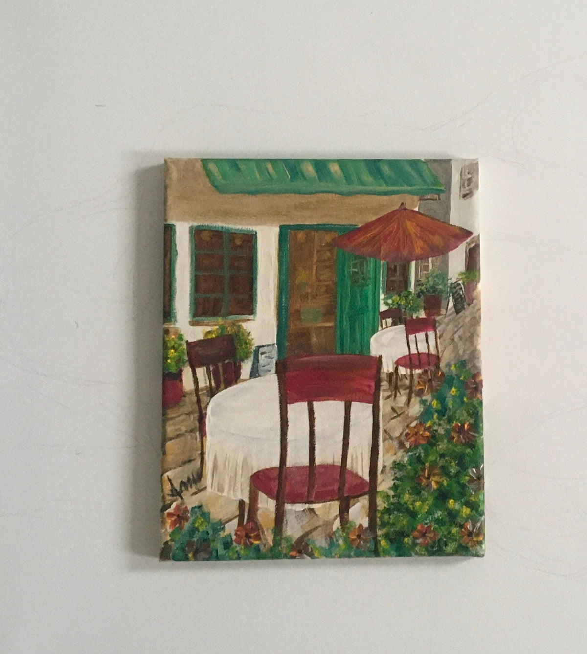 Original oil painting empty restaurant tables ready to hang wall hanging