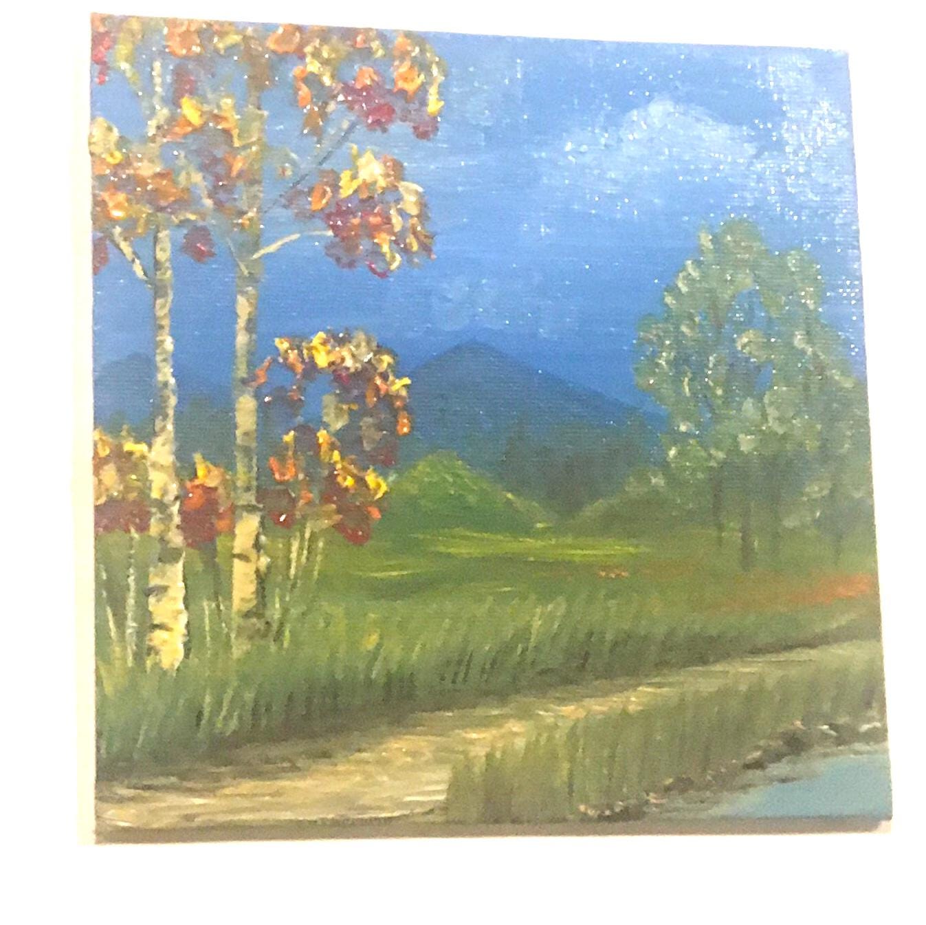 Original 6x6 inches oil painting landscape mountain trees small canvas art