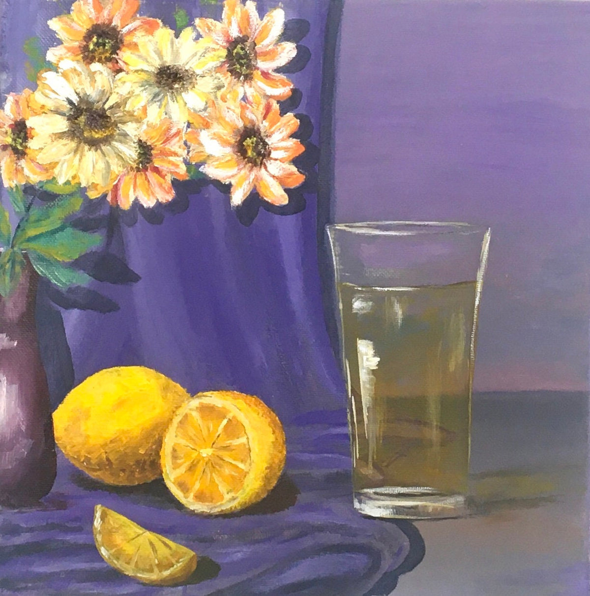 Original oil painting art lemon lemonade flowers still life kitchen food wall hanging
