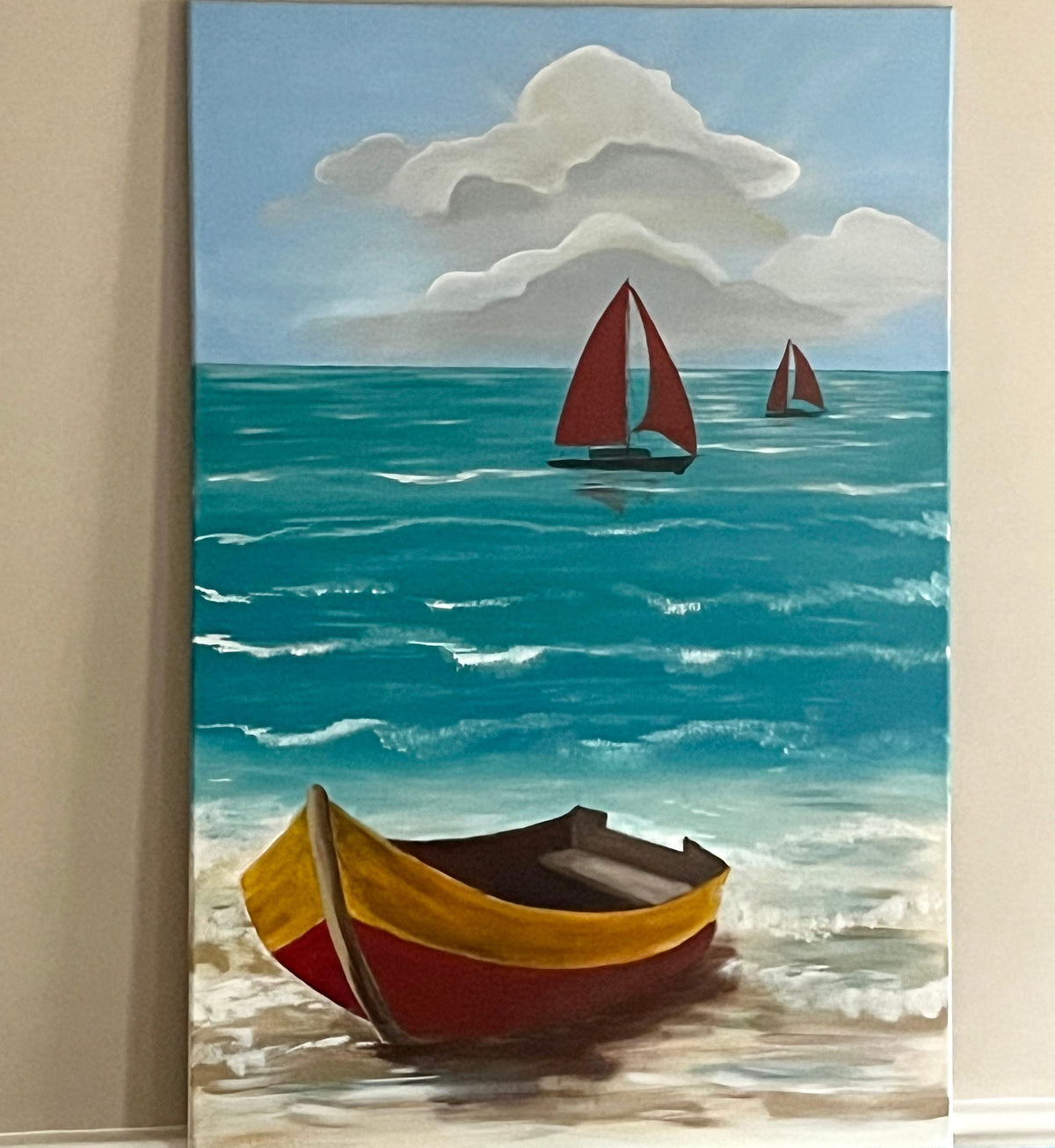 Original art beach seascape boat relaxing art painting canvas art wall hanging