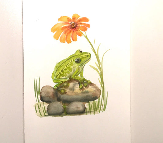 Frog on rocks under flower 7x10 inches Original painting watercolor art (not print)