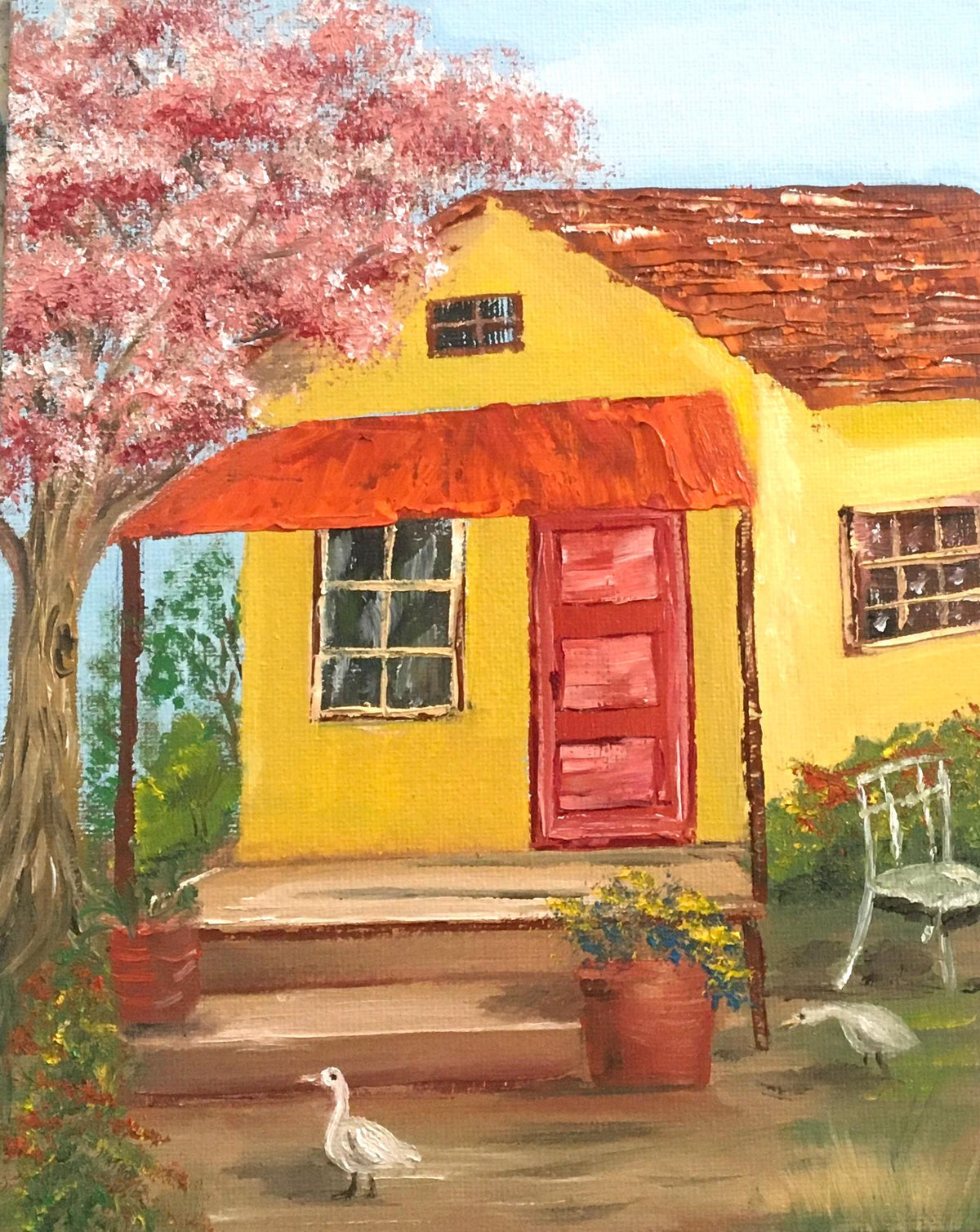 Yellow house cozy home cherry tree Original oil painting art wall hanging