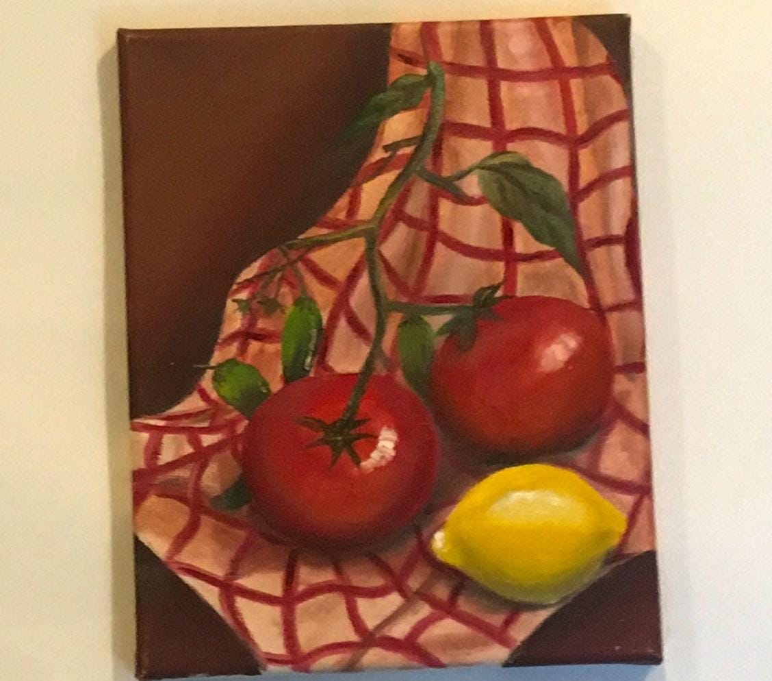 8x10 inches Original oil painting art onion tomatoes lemon kitchen food wall hanging