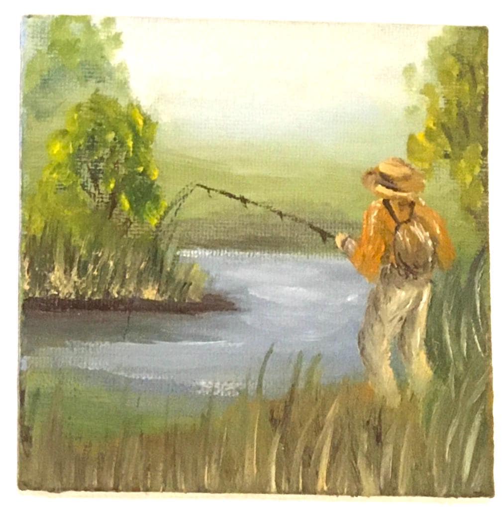 Man fishing Landscape Original oil painting art wall hanging or on desk