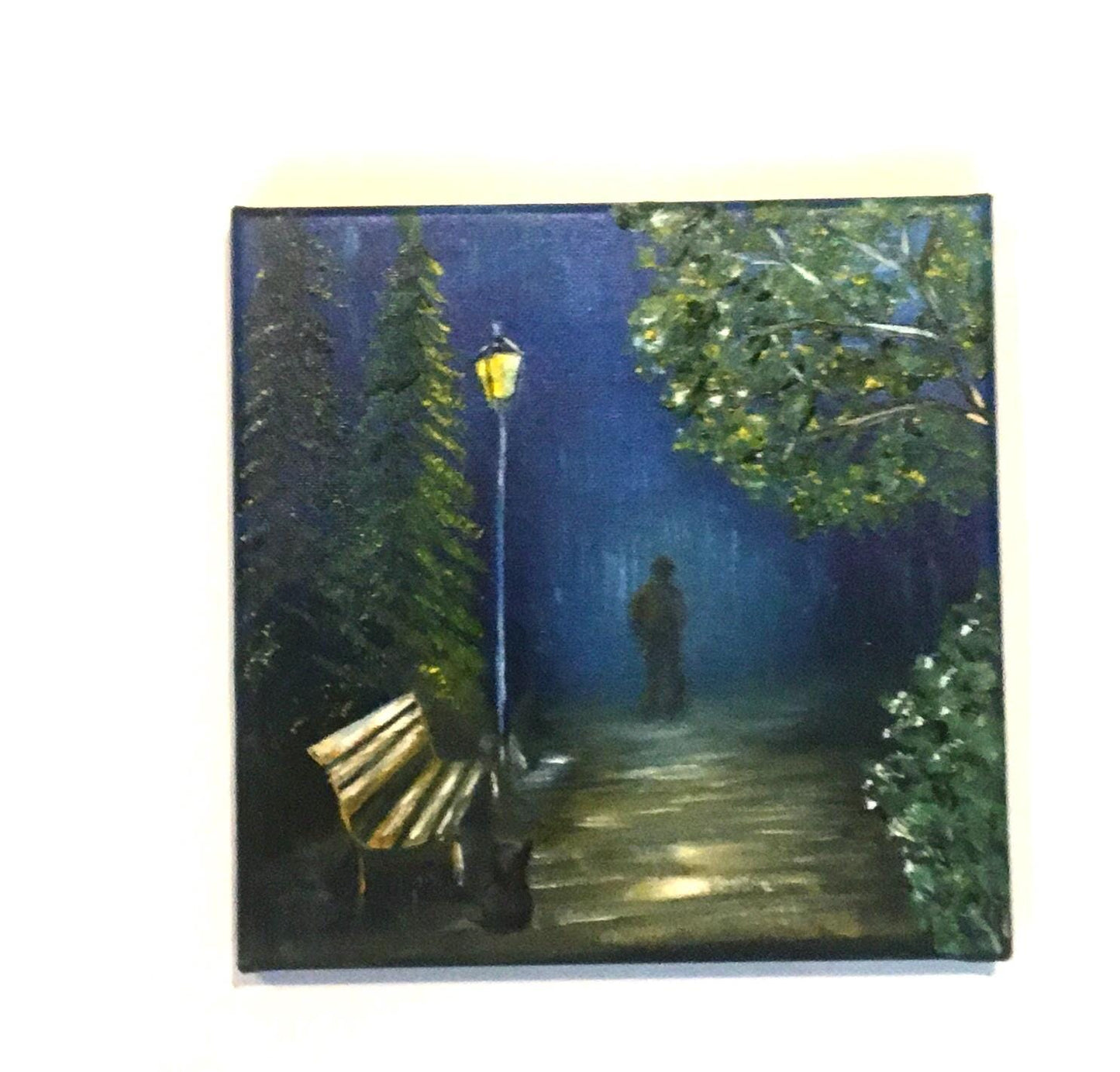 Original oil painting 8x8 inches rainy night cat person art ready ooak wall hanging gift