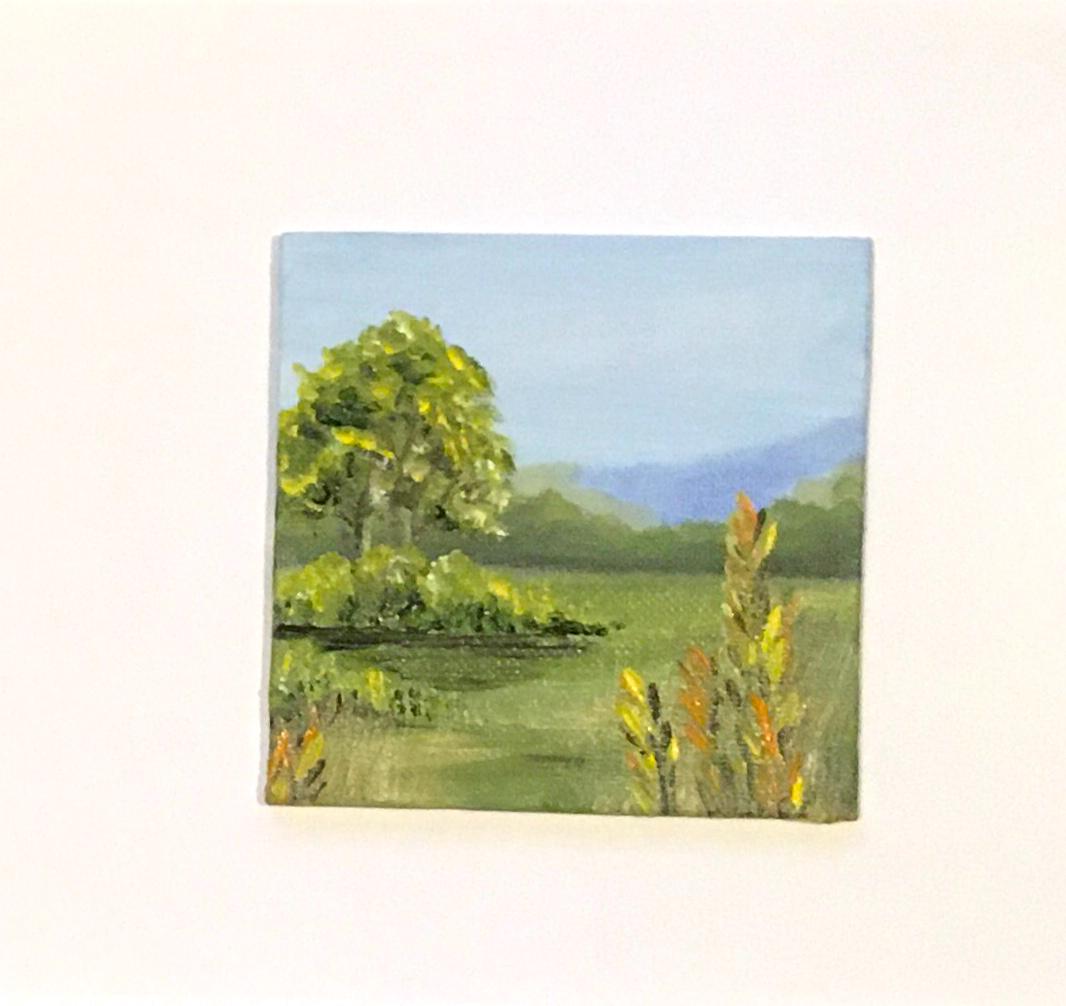 Landscape framed 4x4 inches Original oil painting art wall hanging or on desk
