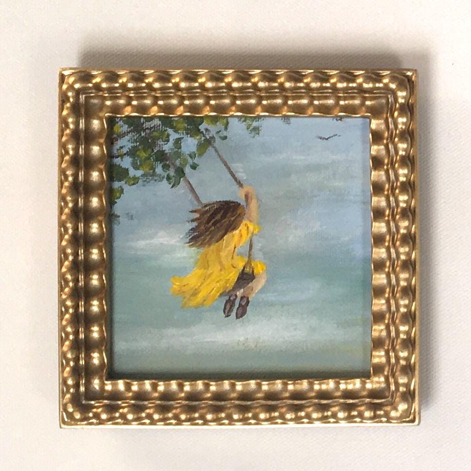 Girl swing 4x4 inches Original oil painting art wall hanging or on desk