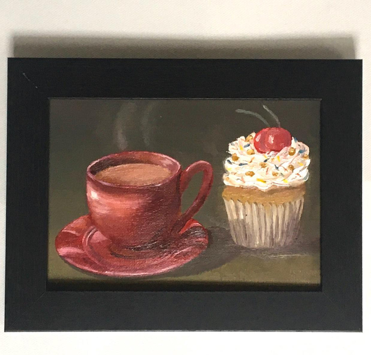 Framed Original 5x7 inches oil painting cupcake teacup small canvas board art