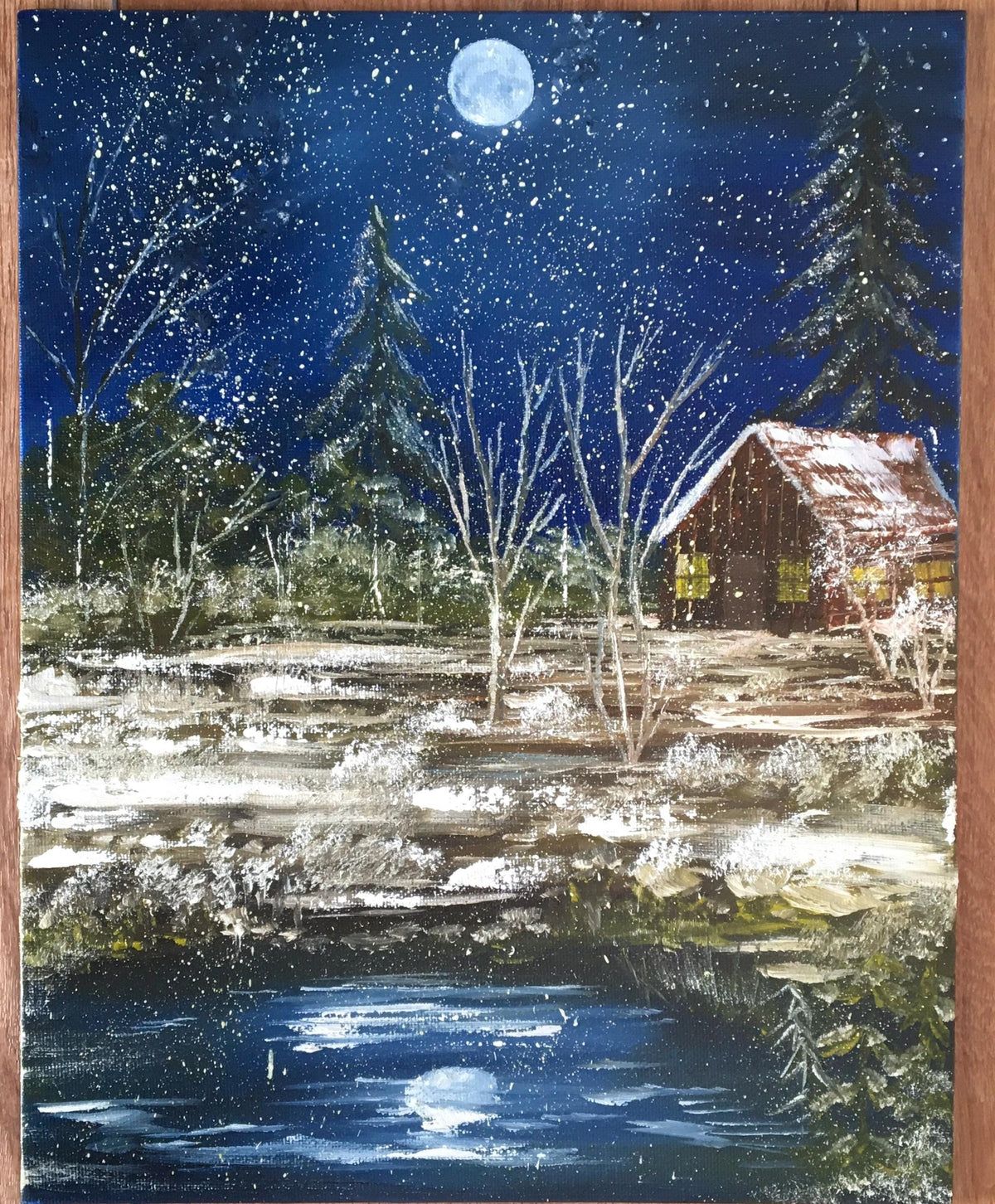 Original oil painting landscape winter night full moon outdoor art ready ooak wall hanging