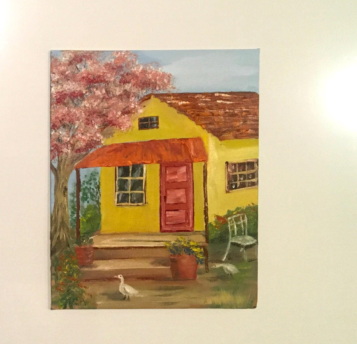 Yellow house cozy home cherry tree Original oil painting art wall hanging