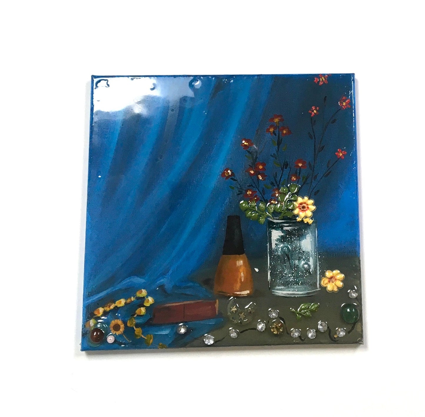 Original painting oil glass resin art flowers