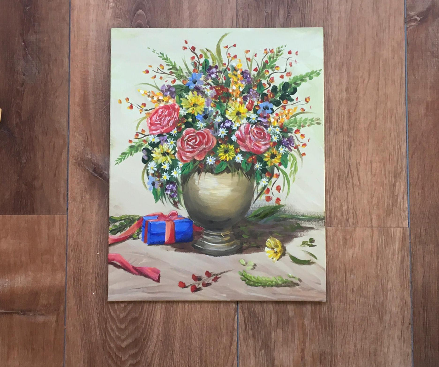 Original oil painting colorful flowers in a vase art ready ooak wall hanging gift