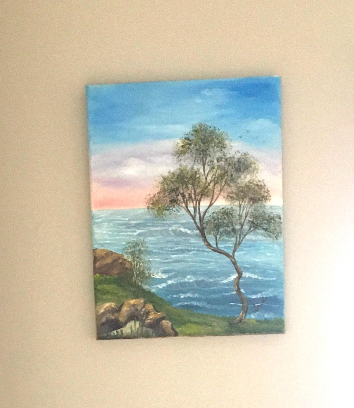 Landscape tree seascape 14x11 inches Original oil painting ocean art wall hanging