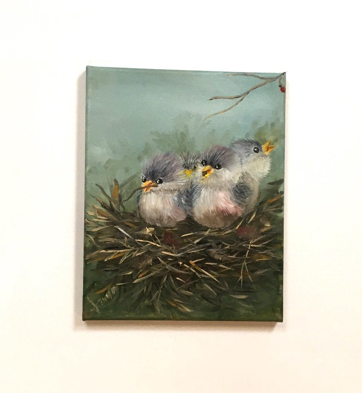 Original oil painting baby birds in a nest art ready ooak wall hanging gift