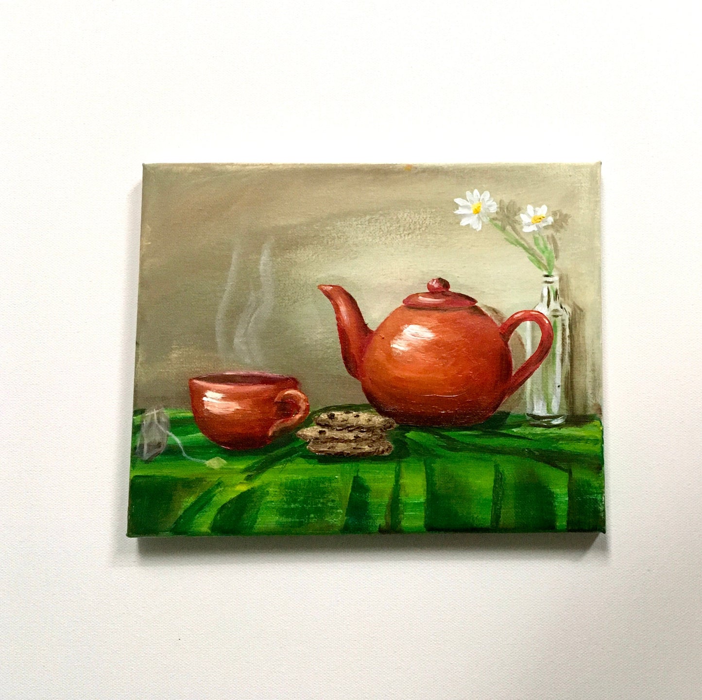 Tea time Original oil painting still life art wall hanging ooak red tea set with cookies