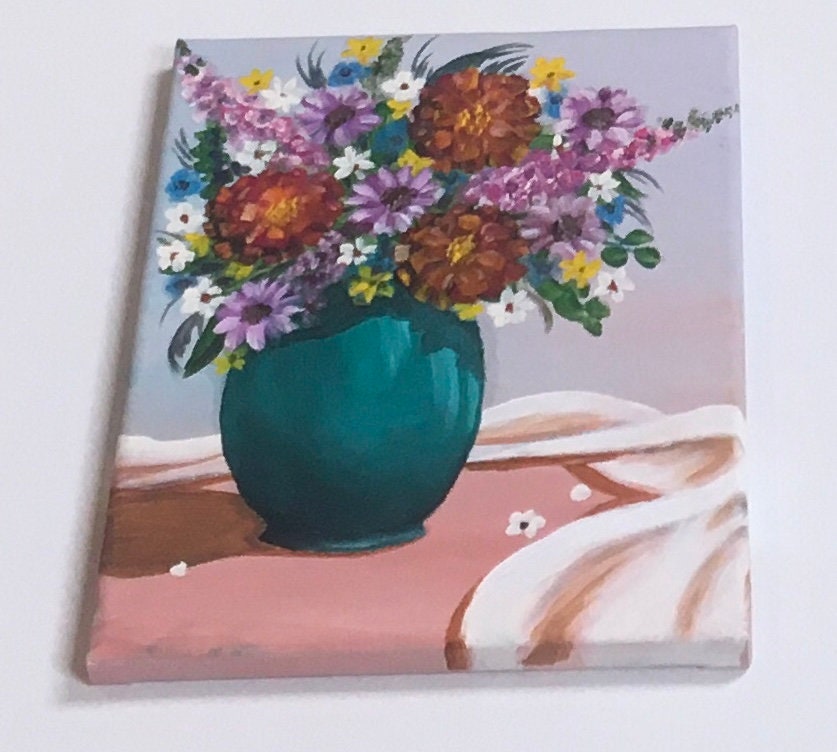 Original oil painting still life art flowers bouquet wall hanging