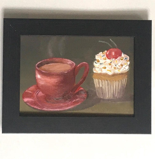 Framed Original 5x7 inches oil painting cupcake teacup small canvas board art