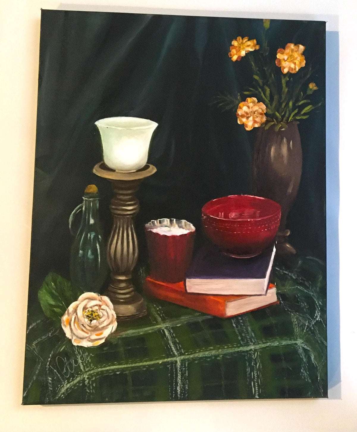 Original oil painting still life flowers art ready ooak wall hanging