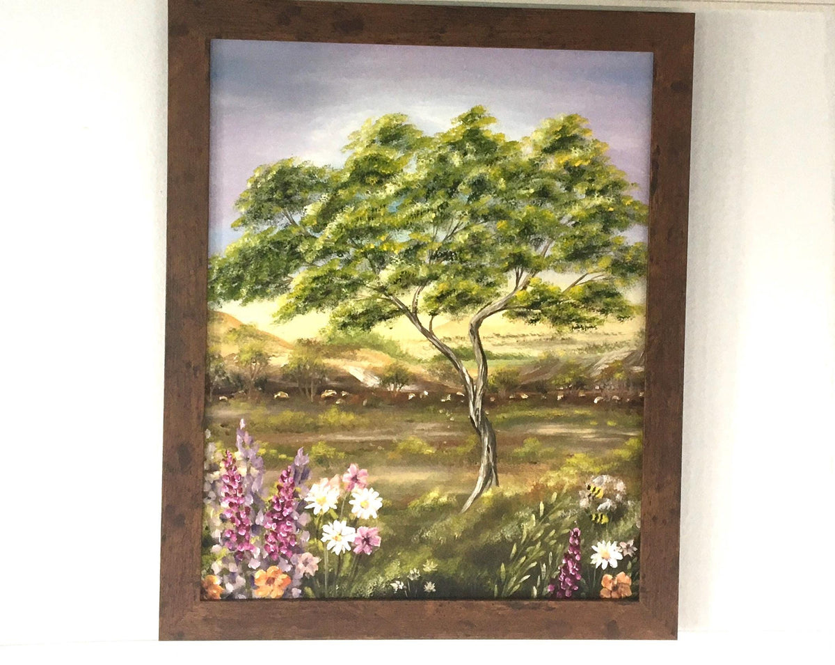 Landscape tree flowers Original oil painting art wall hanging