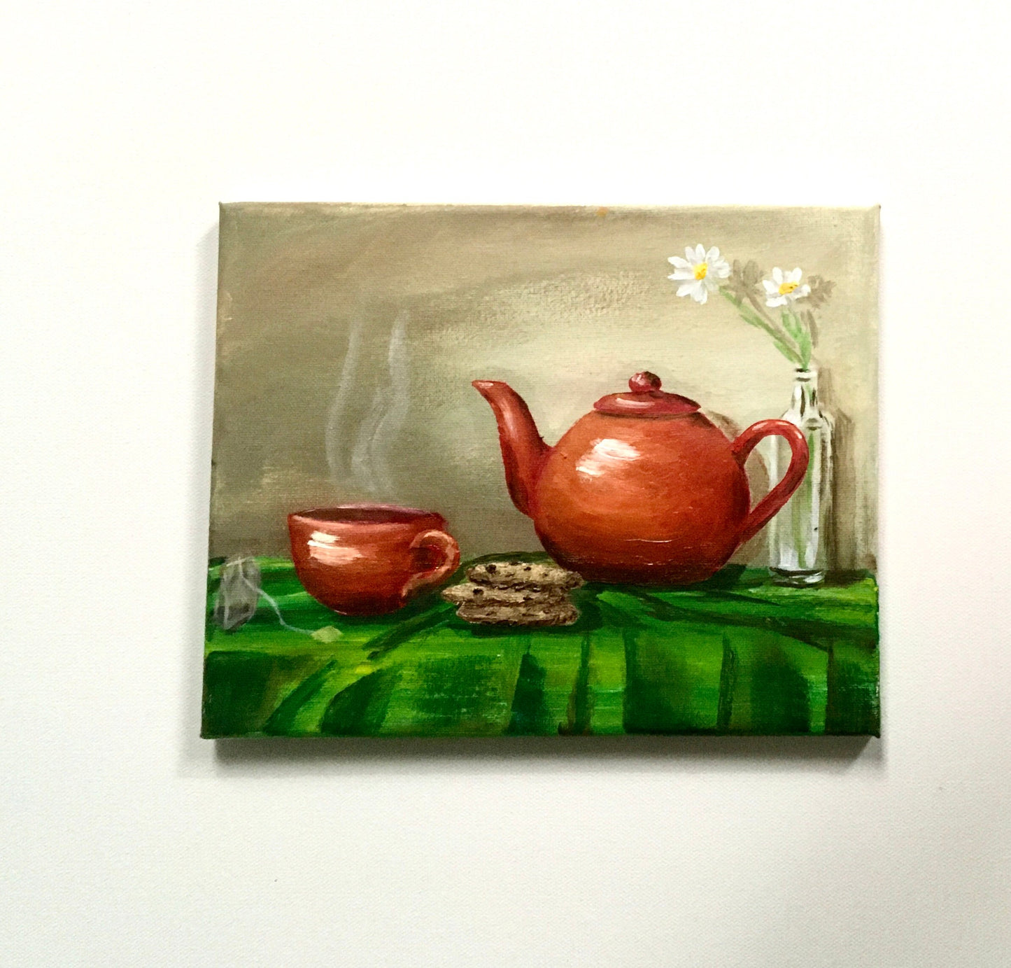 Tea time Original oil painting still life art wall hanging ooak red tea set with cookies