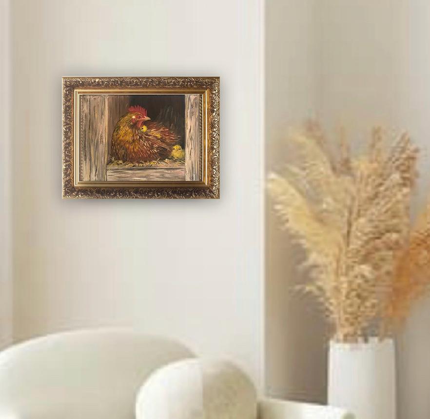 Mother hen chicks 16x12 inches Original oil painting art wall hanging