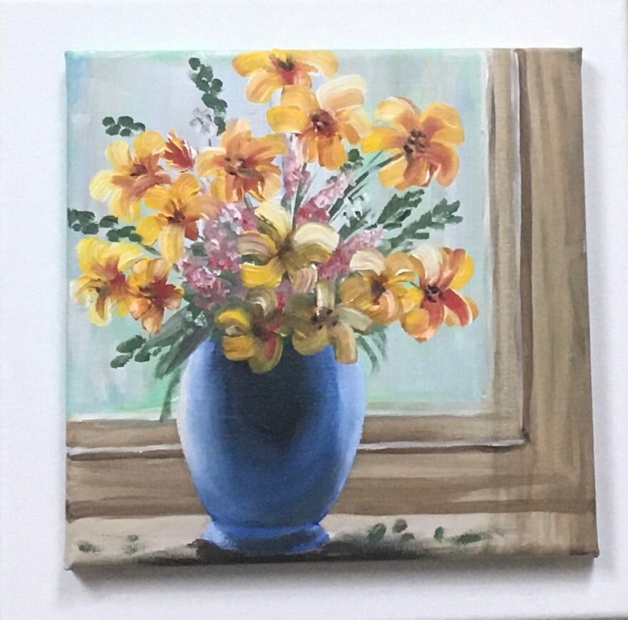Original oil painting flowers in window art ready ooak wall hanging gift
