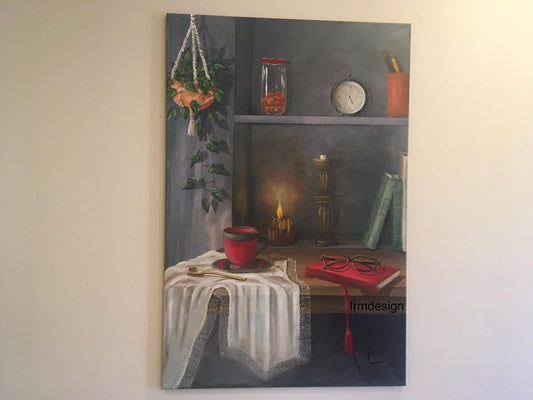 36x24 inches corner shelf Original oil painting still life art wall hanging