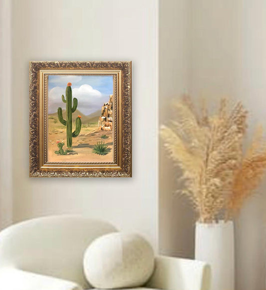 Landscape desert 16x12 inches Original oil painting cactus outdoor sunny day art wall hanging