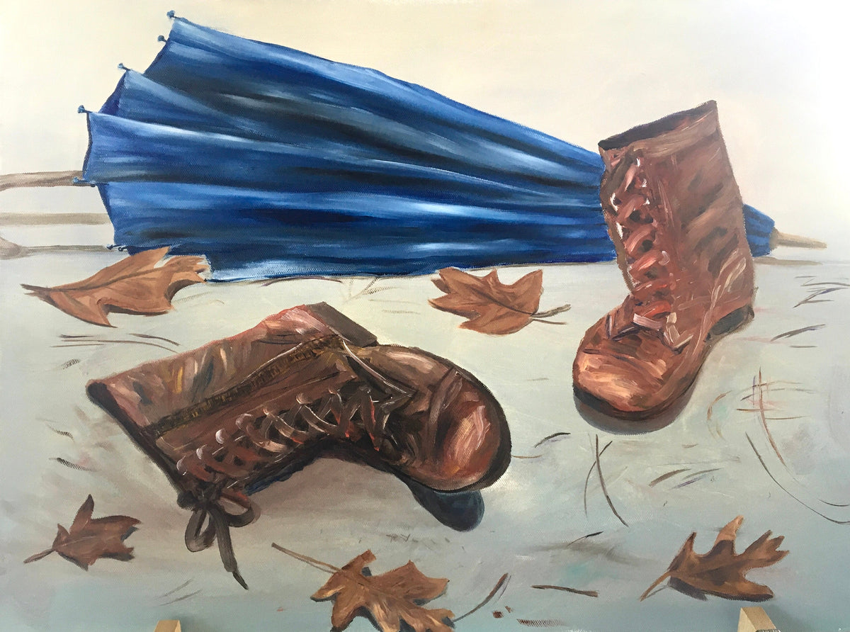 Original oil painting boots umbrella still life art ready ooak wall hanging