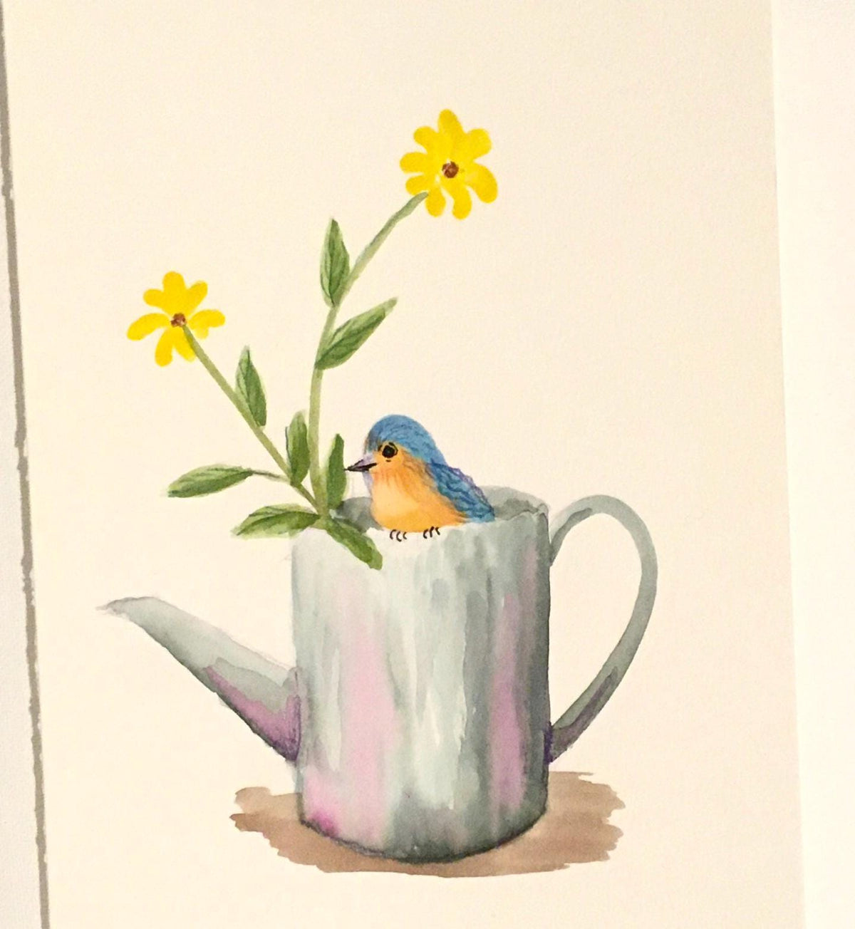 Bird on watering can 7x10 inches Original painting watercolor art (not print)