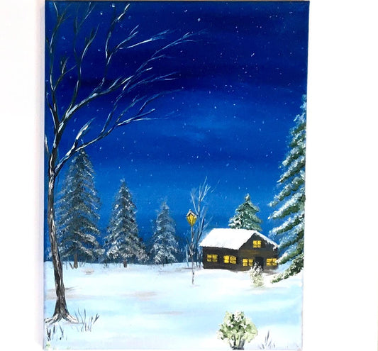 Landscape winter night 16x20 inches Original oil painting outdoor snow art wall hanging