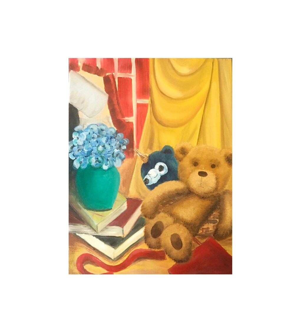 Original oil painting teddy bear child’s table toys still life nursery art ready ooak wall hanging
