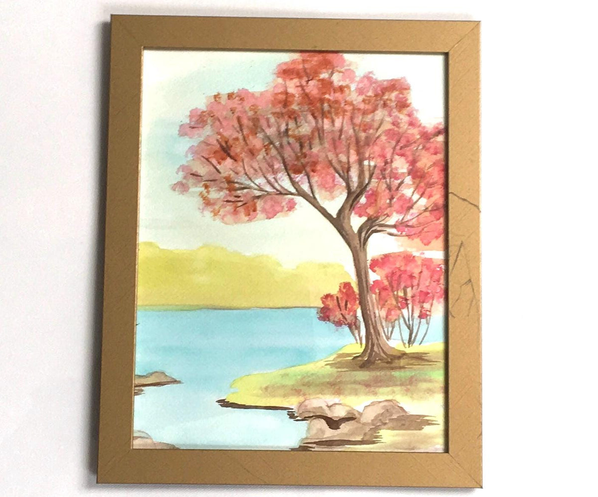 Framed landscape Original painting watercolor art (not print)