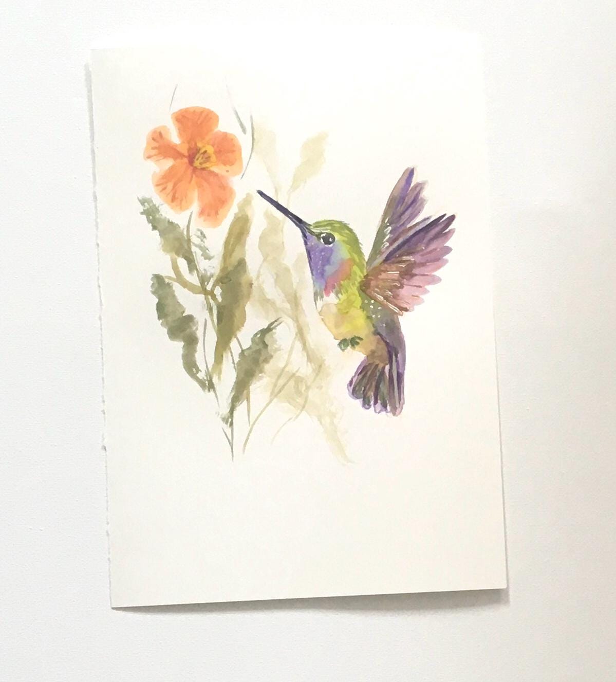 Flowers hummingbird 7x10 inches Original painting watercolor art (not print)