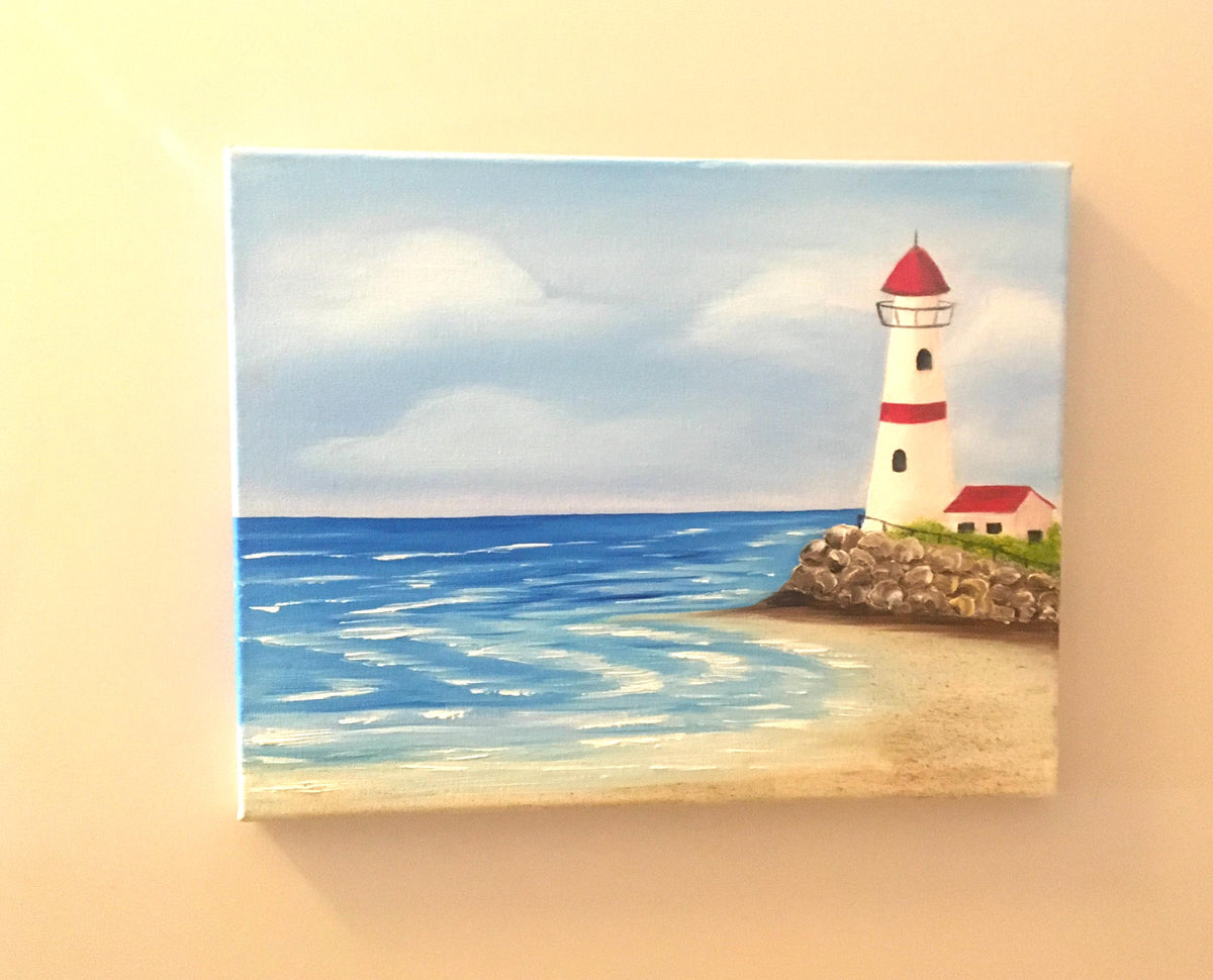 Original oil painting ocean beach lighthouse art ready ooak wall hanging gift