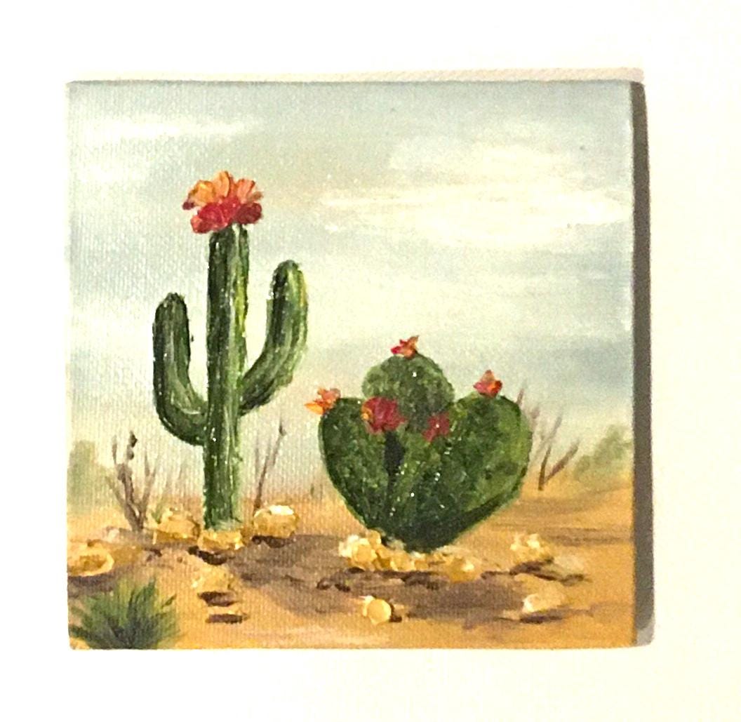 Desert Landscape framed 4x4 inches Original oil painting art wall hanging or on desk