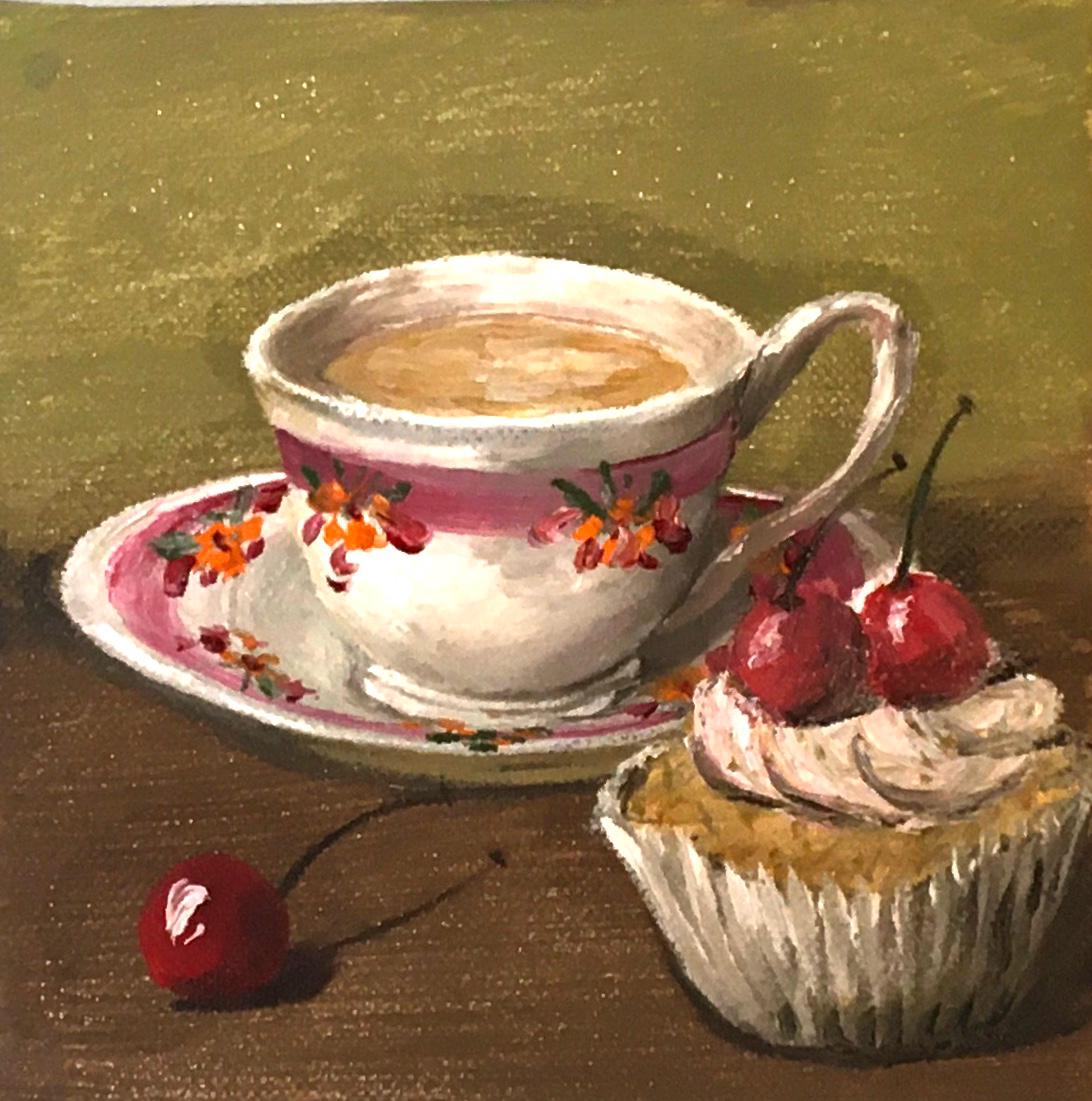 Tea and cupcake with cherries on top 6x6 inches Original oil painting art wall hanging desk decoration
