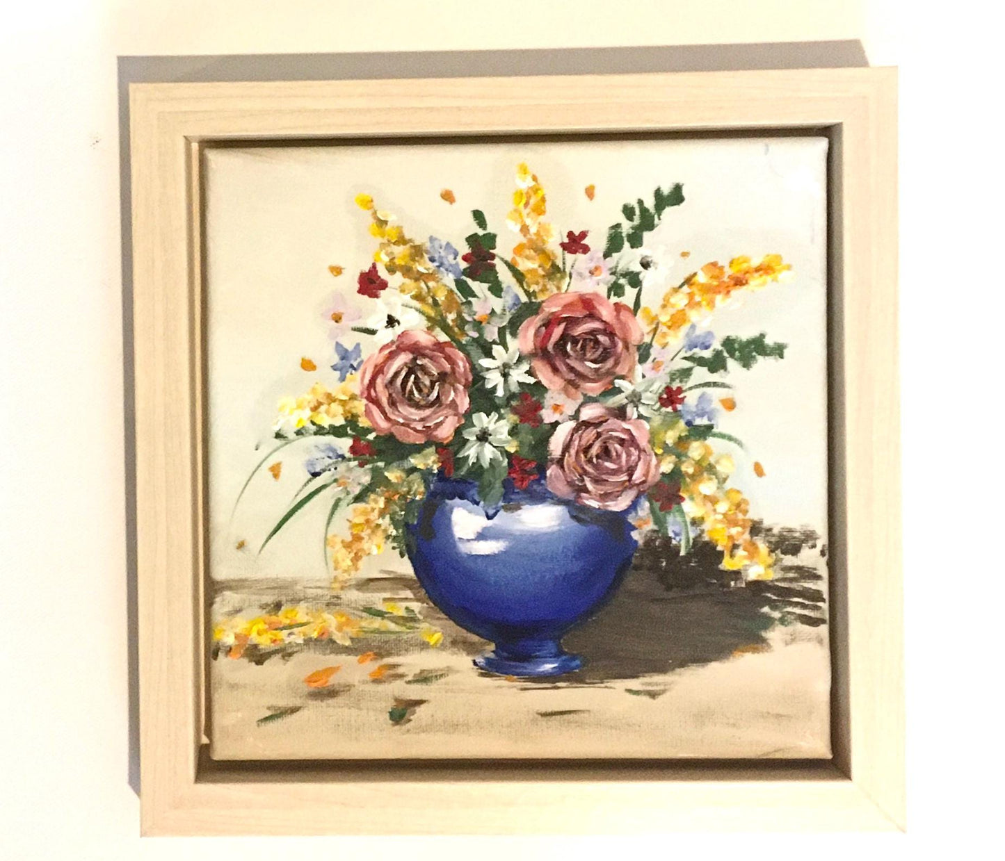 Framed Original oil painting colorful flowers in a vase art ready ooak wall hanging gift
