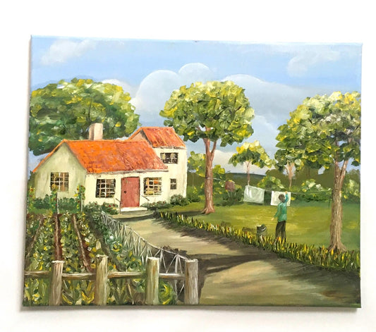 Landscape home 16x20 inches Original oil painting outdoor sunny day art wall hanging