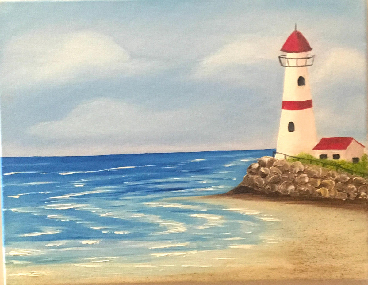 Original oil painting ocean beach lighthouse art ready ooak wall hanging gift