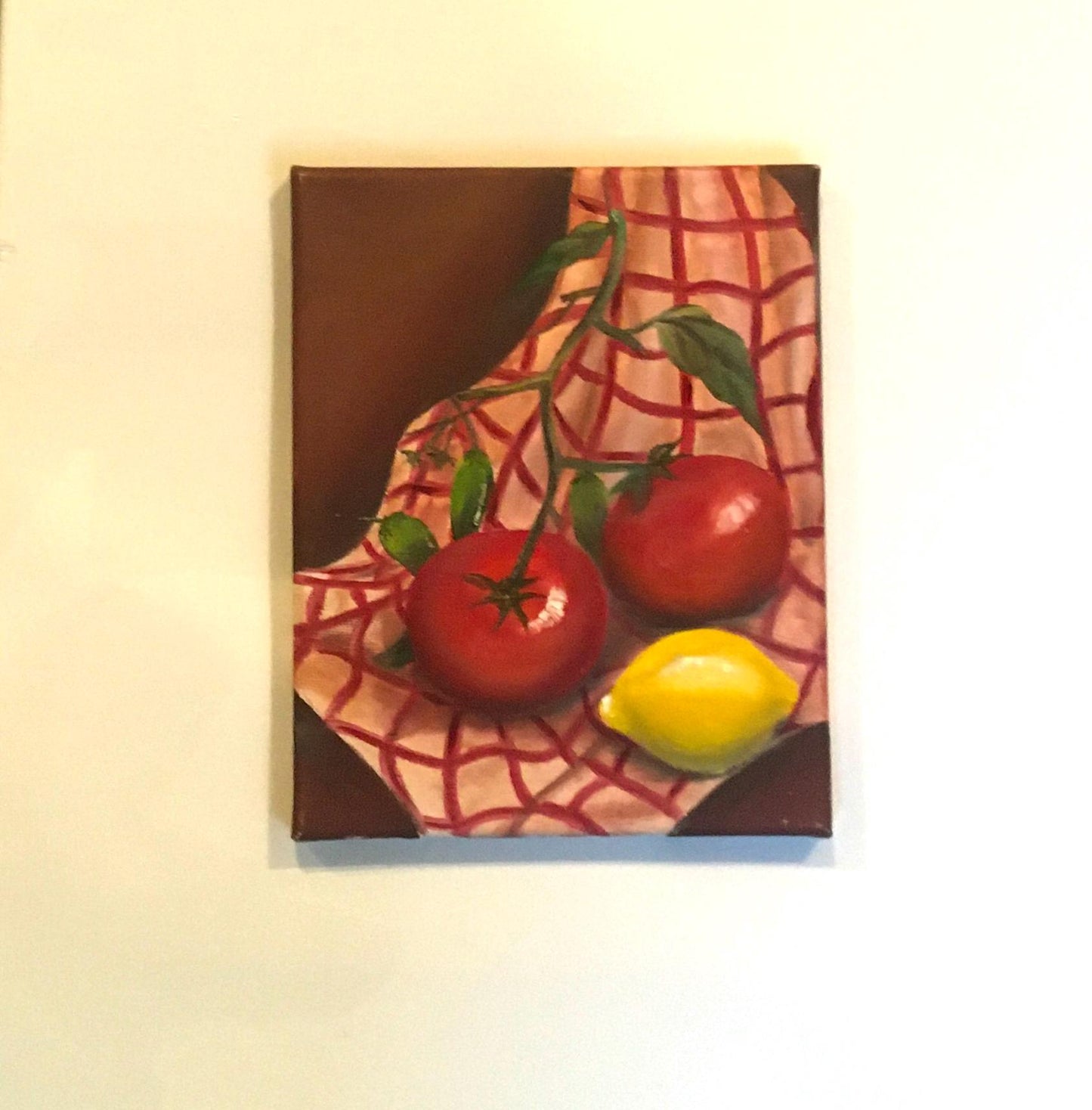 8x10 inches Original oil painting art onion tomatoes lemon kitchen food wall hanging