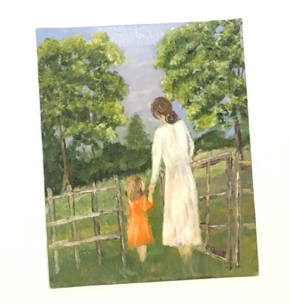 Original oil painting mother daughter entering a garden