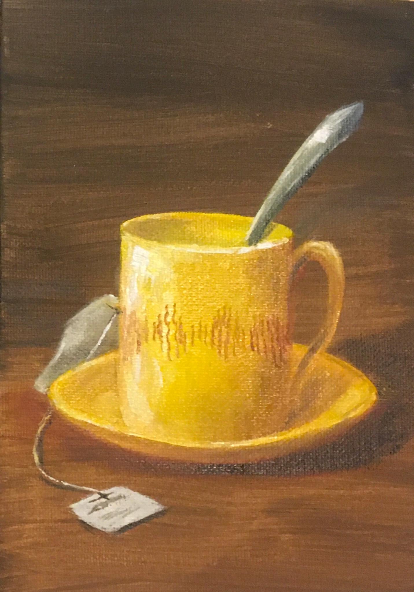 Original 5x7 inches oil painting yellow teacup small canvas board art