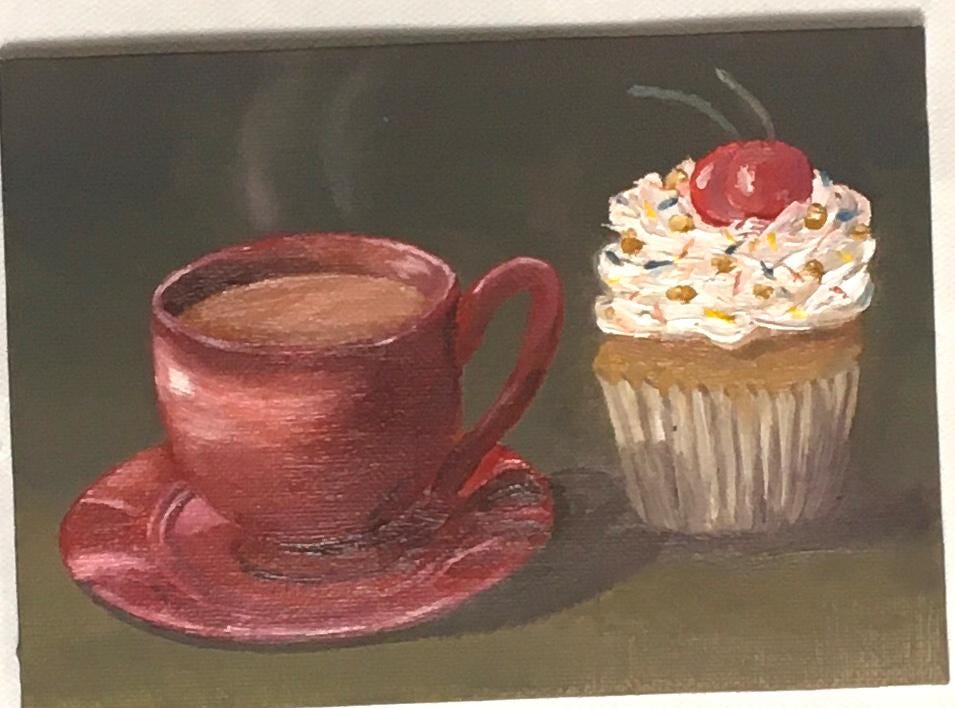 Framed Original 5x7 inches oil painting cupcake teacup small canvas board art